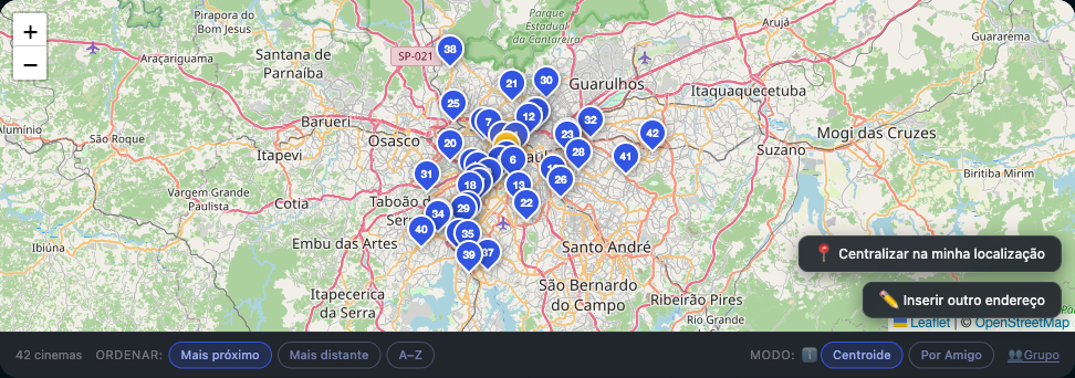 Mapa embutido com cinemas numerados por distância no ingresso.com